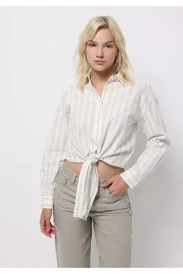 Colins Regular Fit Shirt Neck Çizgili Kadın Yeşil Uzun Kol Gömlek