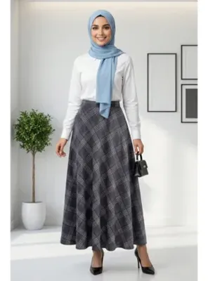 Harmatime butik Kadın Ekose Kumaş Desenli Lacivert Etek
