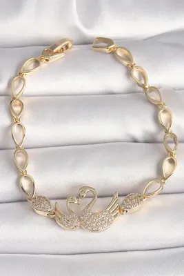 Genel Markalar Pirinç Gold Renk Zirkon Taşlı Kuğu Figür Damla Zincir Model Kadın Bileklik