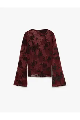 Koton Transparan Simli Tül Bluz Slim Fit Kayık Yaka Uzun Kollu Floral Dokulu