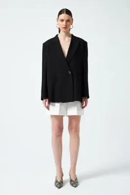 NAGRADA Vatkalı ve Tek Düğmeli Oversize Blazer Ceket - Siyah