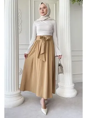 InStyle Pileli Kuşak Detay Bej Etek