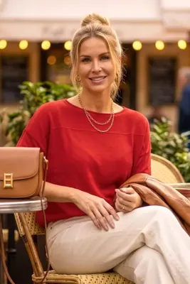 Chiccy Kırmızı Kayık Yaka Uzun Kol Kolucu Ribanalı Yatay Süs Dikişli Casual Oversize Triko Kazak 68 70