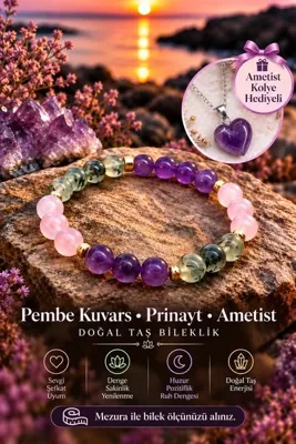 NBS Beautiful Naturel Stones Ametist , Pembe Kuvars , Prinayt ( Kolye HEDİYELİ ) Dorika Kararmaz Ara Aparat Doğal Taş Bileklik