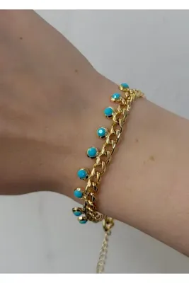 KİLİGİSTANBUL FLOW GOLD RENK MAVİ BONCUKLAR BİLEKLİK 18+4 CM