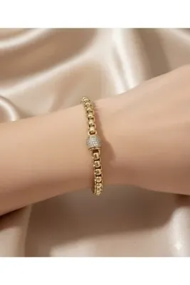 Genel Markalar Stil Incisi/ 14 Ayar Altın Kaplama Ortası Yuvarlak Zirkon Taşlı Bileklik