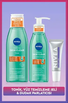 NIVEA Derma Skin Clear 7 Günde Sivilce Karşıtı Tonik, Yüz Temizleme Jeli ve Berry Renkli Dudak Parlatıcı