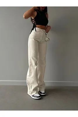 Shield Life PALAZZO BEJ %100 Pamuk Yüksek Bel Salaş Wide Leg Jeans