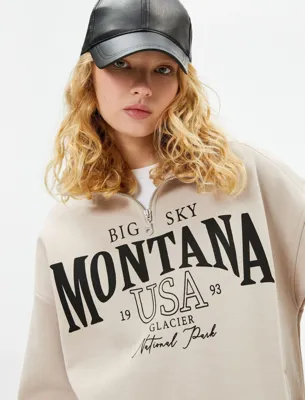 Koton Şardonlu Yarım Fermuarlı Sweatshirt Rahat Kalıp Kolej Temalı Baskılı  Pamuk Karışımlı