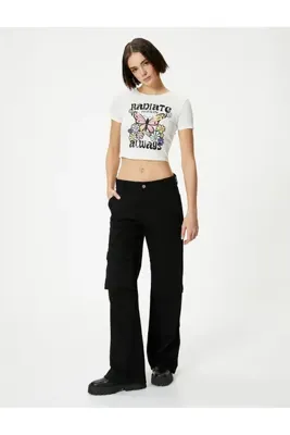 Koton Kısa Kollu Tişört Crop Kelebek Baskılı Bisiklet Yaka Pamuklu Slim Fit