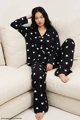 Siyah İnci Siyah Beyaz Desenli Örme Düğmeli Pamuklu Pijama Takım 7976