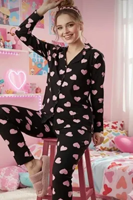 Genel Markalar kalp desenli düğmeli pijama takımı