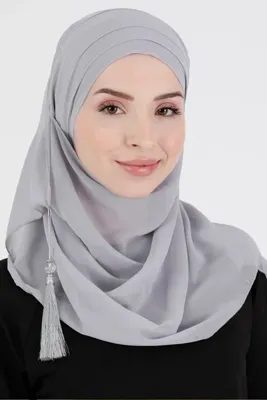 Vera Bone Hazır Türban Pratik Şık Eşarp Hürrem Şifon Püsküllü Gri Dolama Şal Başörtüsü Tesettür Bone