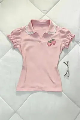 Köstebek Pembe Strawberry Dantel Yakalı Y2K Kısa Kollu Crop