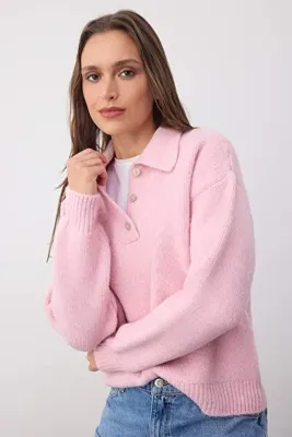 TRENDYOLMİLLA Wardrobe Essentials Pembe Yünlü Basic Geniş Kalıp Özel İplikli Triko Kazak | TWOAW26KZ00072