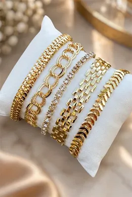 TAKIPORT 5’li Zirkon Taşlı Gold Renk Kadın Bileklik Kombini