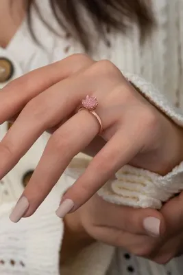 Genel Markalar Kadın 14k Rose Altın Kaplama Pembe Zirkon Taşlı Lotus Çiçeği Yüzük