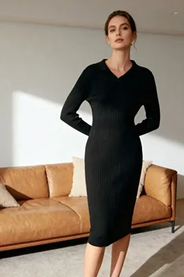 TRENDYOLMİLLA Siyah Midi Triko Polo Yaka Elbise TWOAW22EL1376
