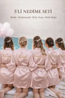 ALAZ TASARIM HOBİ 5’li Nedime Sabahlığı Saten Gold Nakışlı Bride Team – Düğün Sabahı Hazırlık Konsept Set