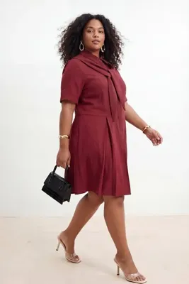 Trendyol Curve Bordo Yakası Fularlı Dokuma Mini Büyük Beden Gömlek Elbise TBBSS26AH00098