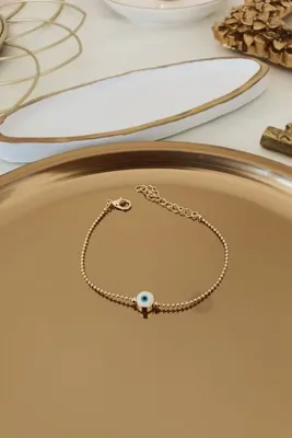 Trendy Butik Beyaz Mineli Tek Nazar Topçuk Model Bileklik