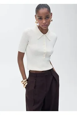 MANGO Woman Fitilli triko polo yaka kazak