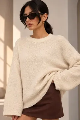 deqfashion Kadın Bej Bisiklet Yaka Oversize Buklet Triko Kazak