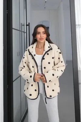 Havoş Ekru Puantiye Desenli Fermuarlı Polar Ceket