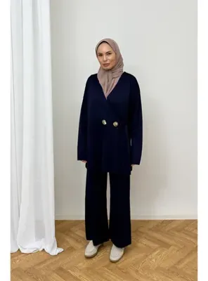 Melike Tatar Düğmeli Triko Takım 87-25310 LACİVERT