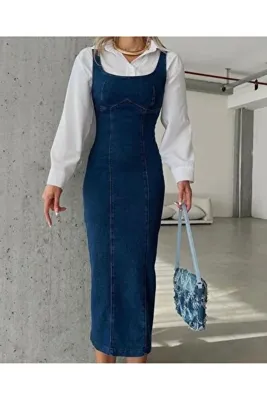 Ekim Store Kalın Askılı Lacivert Uzun Denim Elbise