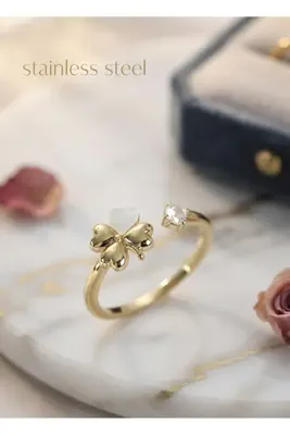 stainless steell gold renk yonca model sedefli ayarlanabilir çelik yüzük