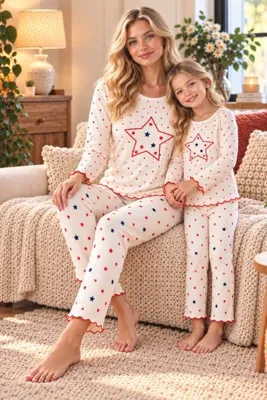 ELİTOL Pamuklu Soft Touch Raporlu Desenli Kumaş Yuvarlak Yaka Uzun Kollu Kadın Pijama Takımı