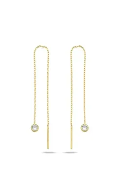 Nereze 925 Ayar Gümüş Gold Kaplama Tektaş Zincir Küpe