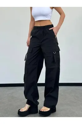 HerTon Kadın Kargo Cepli Lastik Bel Oversize Paraşüt Pantolon