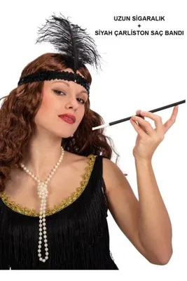 NW NessiWorld Gatsby Aksesuar Seti – Siyah Charleston Saç Bandı &amp; Sigaralık