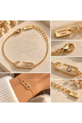 Genel Markalar 14K Gold Altın Kaplama Zirkon Taşlı Mess Model Damgalı Bileklik 17+5 Cm