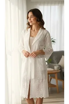 Nena %100 Pamuklu Ekru Fistolu Dantelli (Brode) Uzun Kadın Sabahlık/Kimono