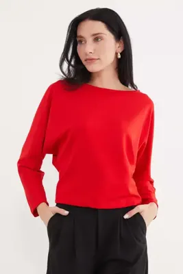 Fulla Moda Basic Kayık Yaka Yarasa Kol Modal Bluz