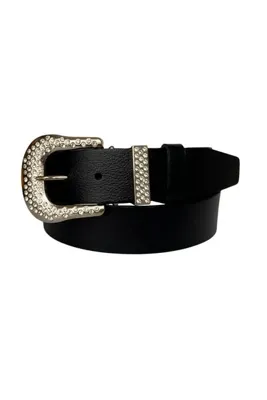 GoDeri %100 Hakiki Deri, Gümüş Taşlı Tokalı, Metal Taşlı Köprülü Siyah Kadın Kot Kemeri 4 Cm=an-byn-66