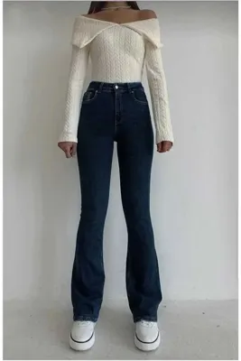 ByCukurovaFrango Kadın Lacivert Süper Yüksek Bel Likralı Flare Ispanyol Kot Pantalon Jeansfrango