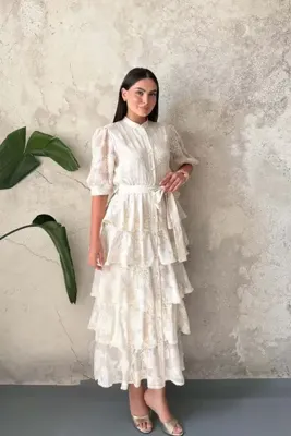 Elbee Fashion Woman Bej Kat Kat Desenli Elbise