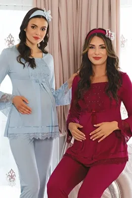 Mecit Kadın Fuşya Taş Detaylı Lohusa Pijama Takımı