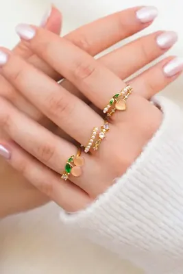 TREND COLLECTİON Renkli Taşlı Altın Renk Kadın Yüzük Seti (3’lü) – İnci & Taş Detaylı