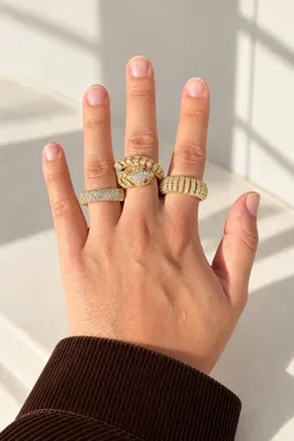 Genel Markalar Zirkon Taşlı Yılan Formlu ve Çok Sıralı Gold 14k Altın Kaplama Ayarlanabilir 3’lü Yüzük Seti