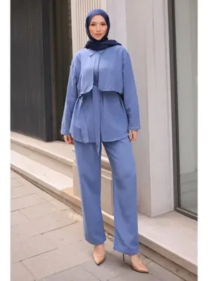 İmajButik İndigo Bel Kuşaklı Gömlek Pantolonlu Takım
