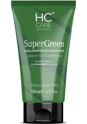 HC Care Super Green Durulanmayan Saç Bakım Kremi 150 ml – Canlandırıcı, Bitkisel Yağ ve Ekstrakt İçeren, Hindistan Cevizi Yağlı, Tüm Saç Tiplerine Uygun