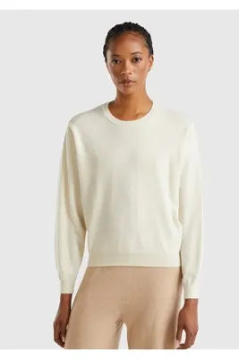 United Colors Of Benetton Kadın Krem %100 Merino Ribana Detaylı Bisiklet Yaka Kazak