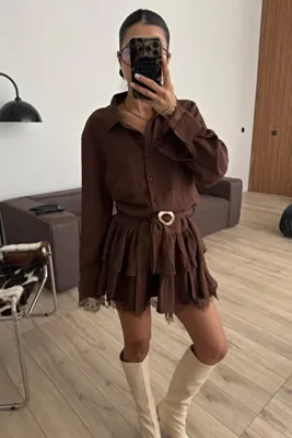 mega lucky Kadın Kahverengi Kemerli Mini Elbise Dantel Detaylı