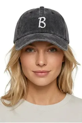 sapkamania B Harfli Siyah Nakışlı Yıkamalı Vintage Unisex Şapka