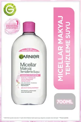 Garnier Micellar Makyaj Temizleme Suyu 700ML, 24 Saat Nemlendirme, Hassas Ciltler için, Vegan & Cruelty Free